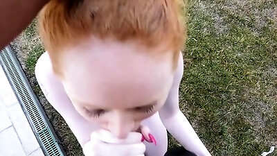 Naughty redhead Ruby Red gets rod deep inside mouth and hole
