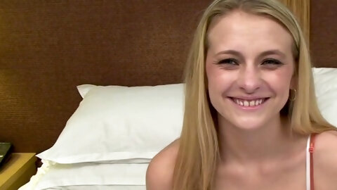 Watch this nervous blonde 18 yr old star in her first fuck video